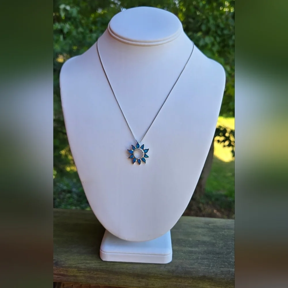 Sterling Silver 925 Necklace Silver 925 Blue Sunflower Opal Pendant Necklace - Picture 11 of 17